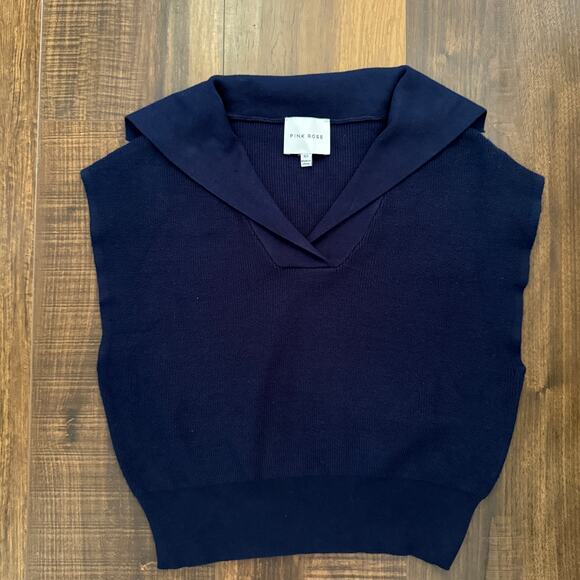 NWOT Navy Blue Knit Set Drawstring Shorts w/ Pockets Collared Knit Top - xs - Picture 2 of 6